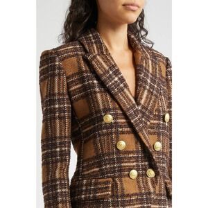 L'AGENCE Kenzie Plaid Double-Breasted Blazer 4 Brown Tweed